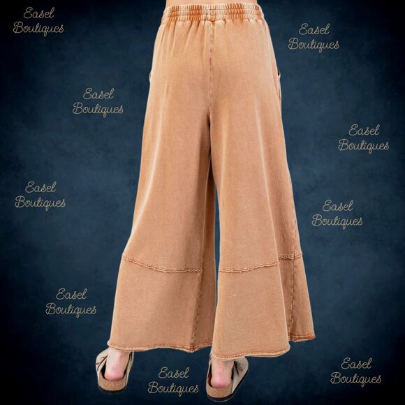EASEL “Flower Power” Mineral Washed Pants Wide Leg Cozy Relax Fit Raw Seams Hems - Picture 5 of 14